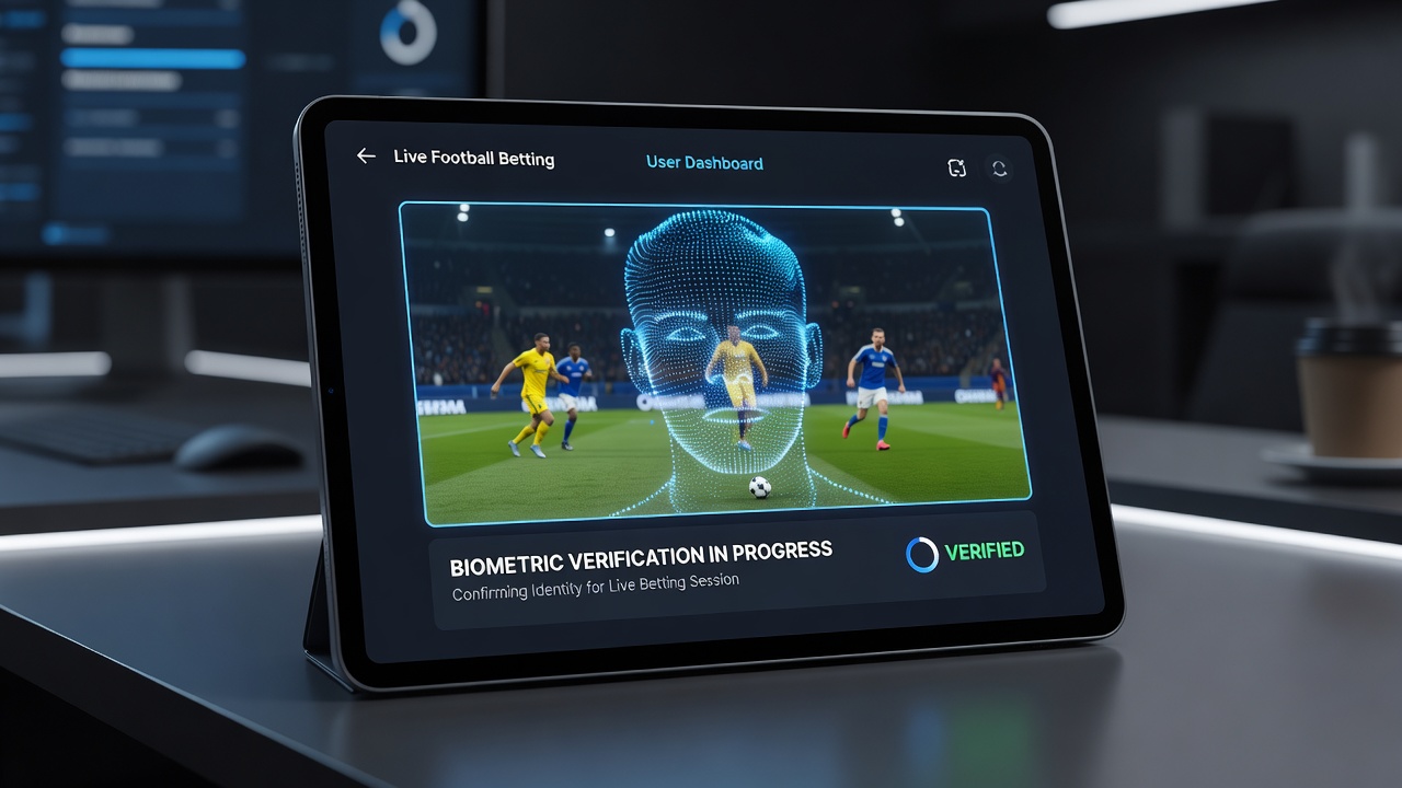 Biometric scanning interface on a mobile sports betting app during a live football match