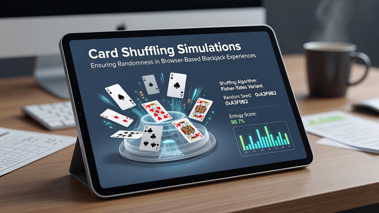 Detailed view of digital card shuffling process in browser-based blackjack with simulation overlays