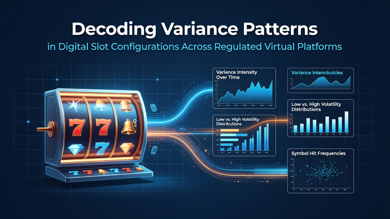 Digital slot machine interface displaying variance metrics and payout distribution graphs on a regulated virtual platform
