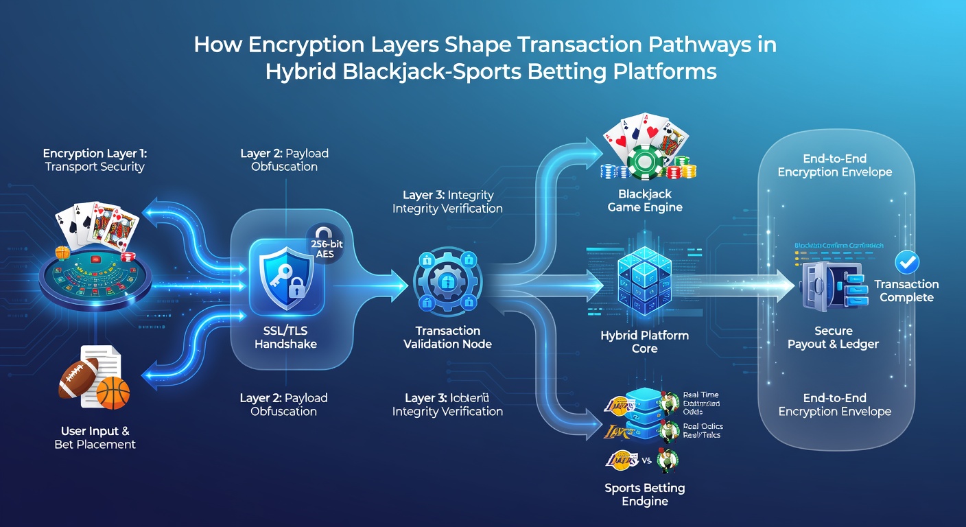 Illustration of secure transaction flow between blackjack tables and sports betting sections under encryption protocols