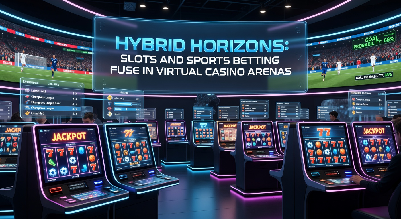 Vibrant virtual casino arena showing spinning slot reels integrated with live sports betting overlays, highlighting the seamless fusion of gaming elements
