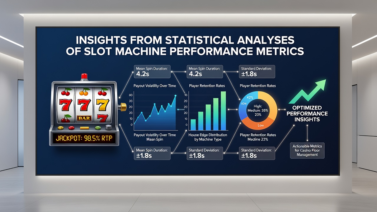 Graphs and charts displaying slot machine performance metrics including RTP and volatility data