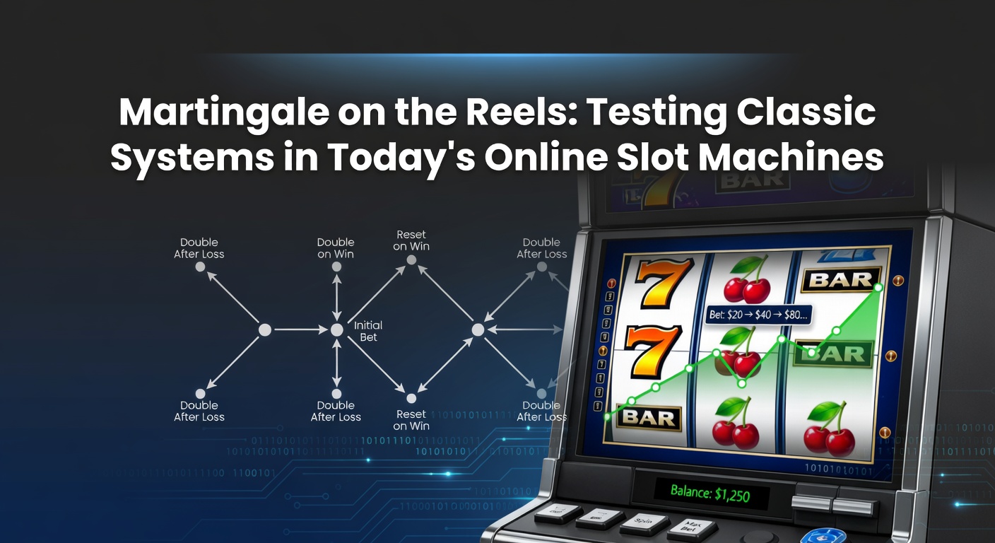 Graphic showing a slot machine reel spinning with Martingale doubling bet icons overlayed, illustrating strategy adaptation from table games to slots