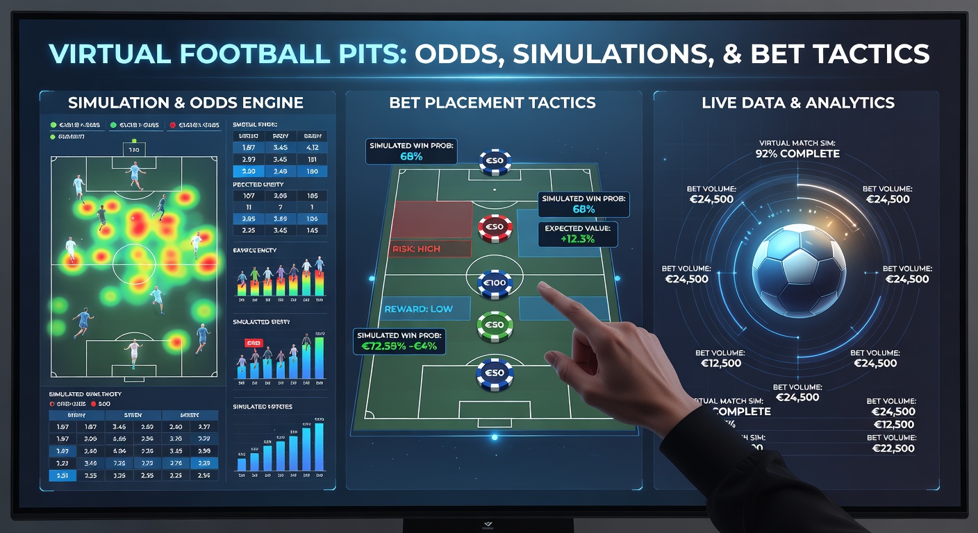 Close-up of a virtual football betting interface showing live odds updates and simulation stats during a match