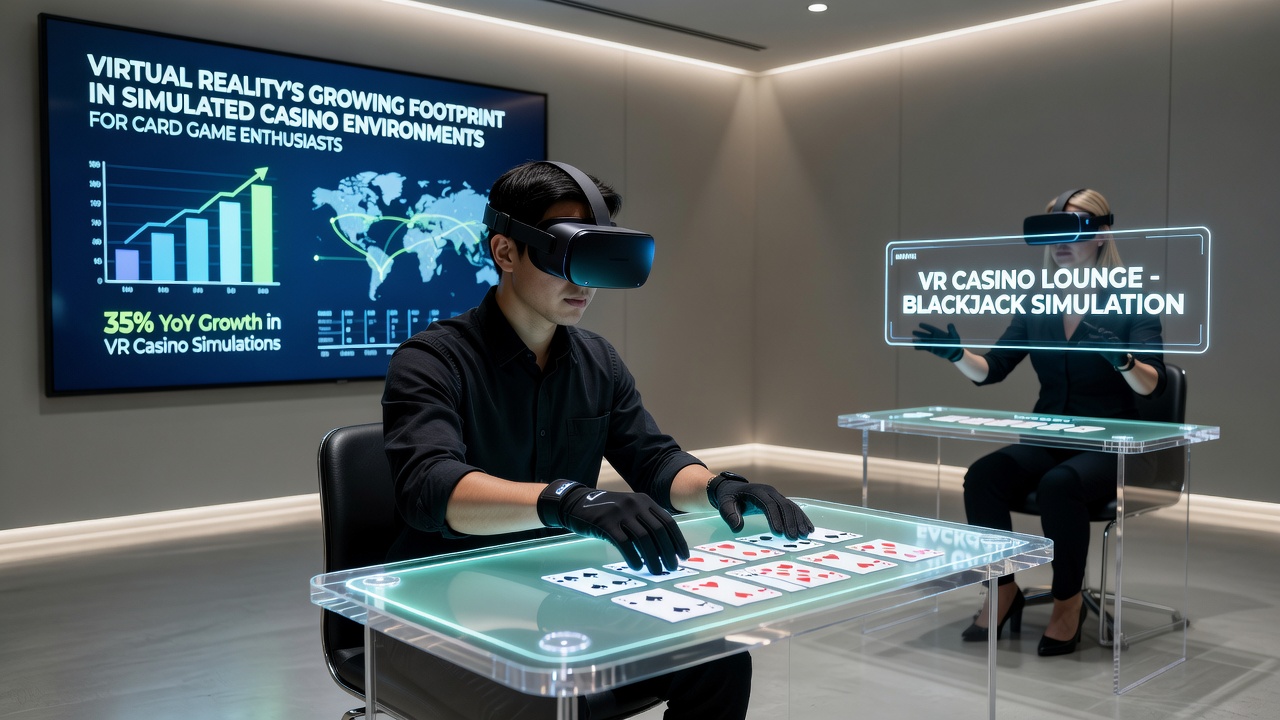 Group of players in virtual reality casino setting participating in a multiplayer poker game with digital avatars and shared table elements